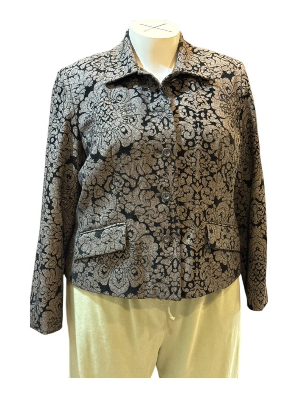 Evan Picone Sz 18W Black & Tan Floral Button Lined Tweed & Velvet Blazer Jacket